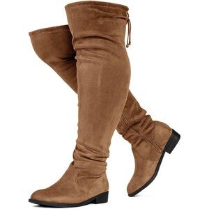 Women's Tan Su Rounded Toe Stretchy Over The Knee Low Heel Wide Calf Boots